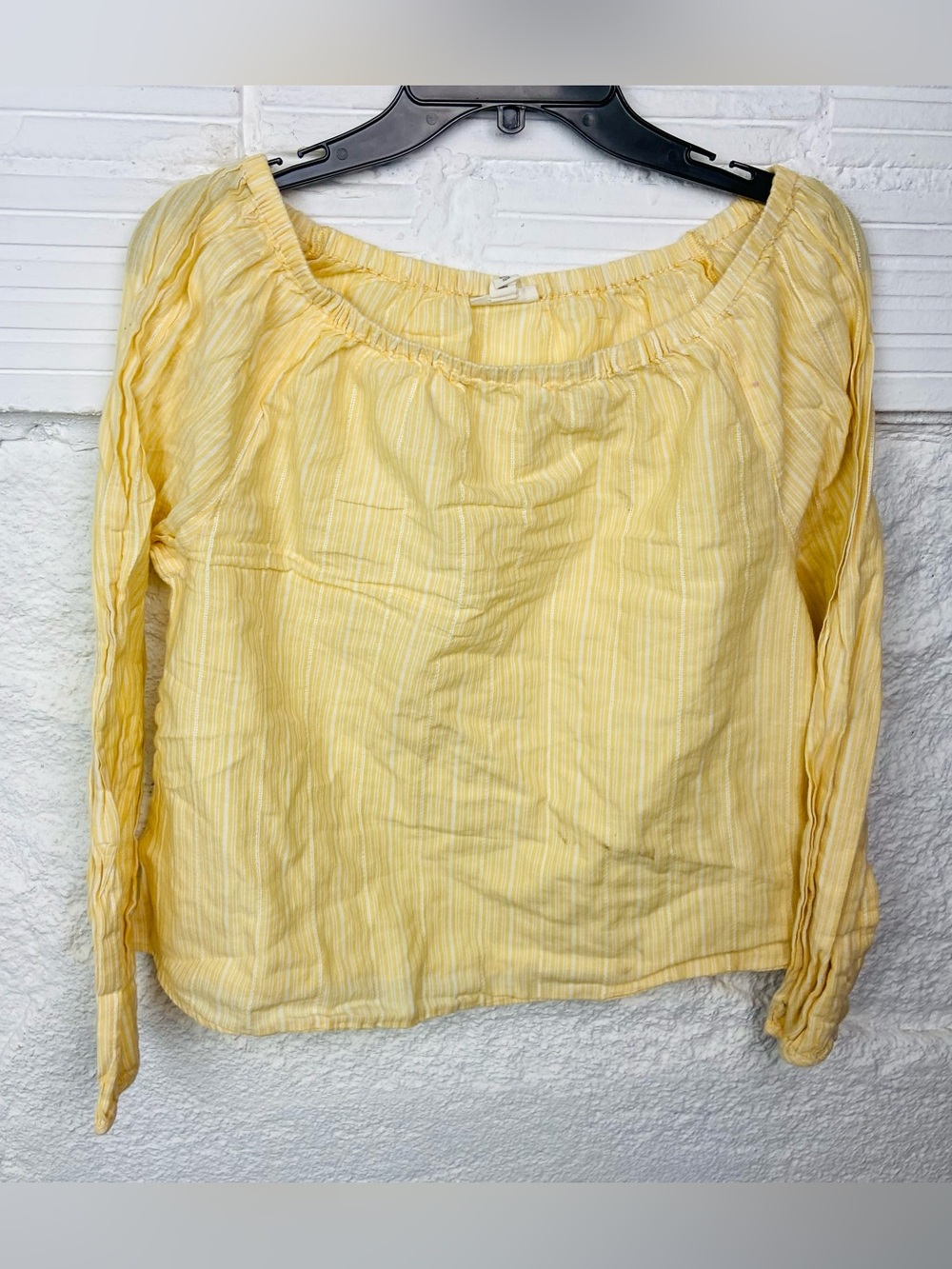 a.n.a Light Yellow Striped off the shoulder cotton Peasant Top size large